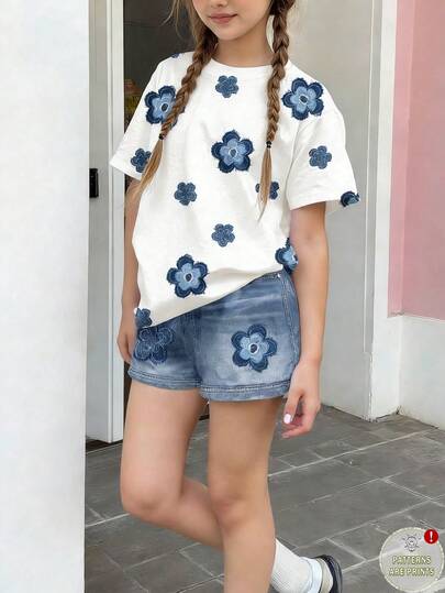 Vintage Floral Graphic Tween Girl Casual Crew Neck Short Sleeve T-Shirt And Shorts 2-Piece Set, Suitable For Spring/Summer Daily Wear, Home, School - Spring & Summer Outfits, Sets For Girls, Stylish Kids, Casual Wear, Kids Floral Graphic Clothes, Spring & Summer Fashion, Spring & Summer Clothes