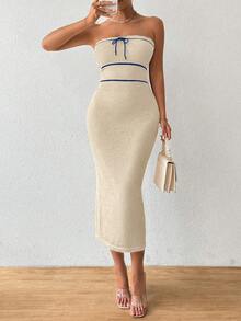 SHEIN PariChic 女士秋冬无肩带针织性感连衣裙，高品质度假风长裙 - 米色 - 查看 8