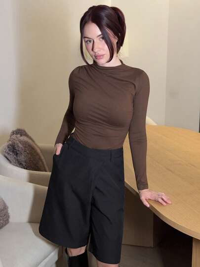 Abrilcols Y2K 风格褶皱高领长袖 T 恤，性感时尚，适合日常休闲穿着