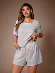 Lazeform Plus Size Jacquard Lace Patchwork Square Neck Short Sleeve & Shorts Casual Pajama Set - Light Grey - View 5