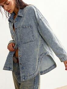Bohemela Plus Size Rivet Decor Fashion Long Sleeve Denim Blouse - Light Wash - View 3