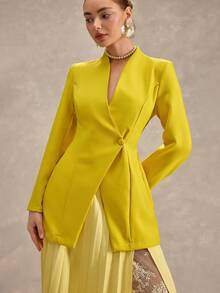 CLARA VERO Women's Stand Collar Split Hem Cinched Waist Long Sleeve Blazer - Yellow - View 5