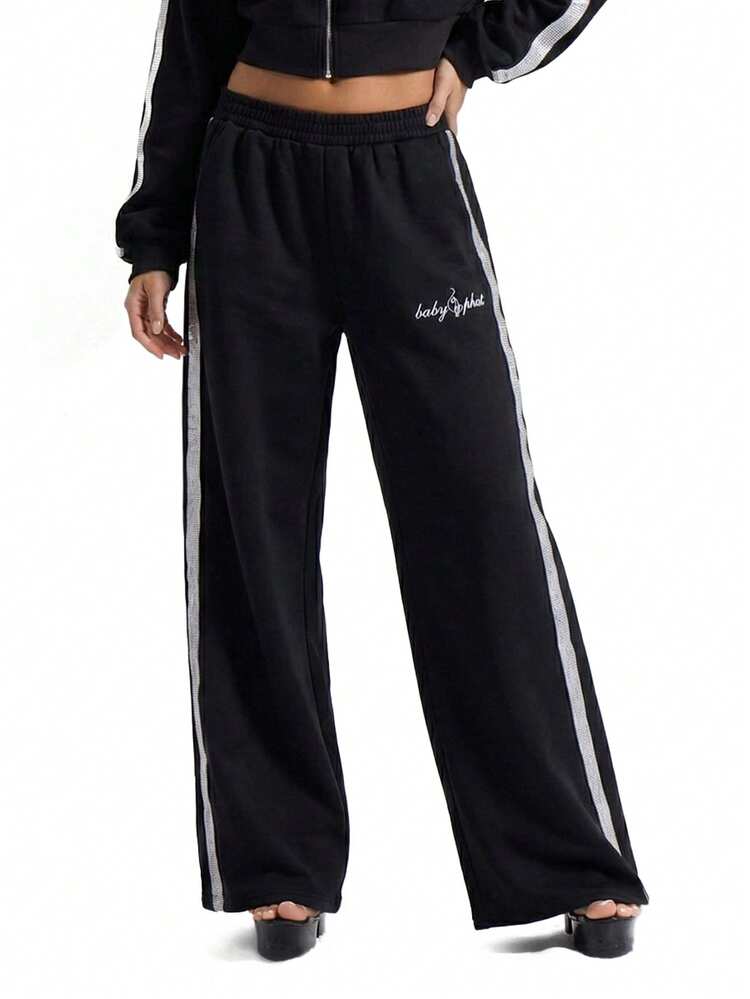 BABYPHAT Wide Leg Joggers With Rhinestone Side Stripe Detail Elastic Waist Drawstring Casual Sweatpants Fall Winter Loungewear