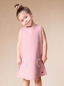 SUMWON Vestido corto casual de fiesta con cuello redondo y sin mangas, con bolsillos y aplicación de corazón, para niñas, para vacaciones - Rosa - Ver 1