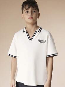 SUMWON Tween Boys Casual Polo Shirt And Shorts Co-Ord Set With V-Neck Collar And Contrast Stripe Trim Details Perfect Summer Two Piece Outfit - White - View 3