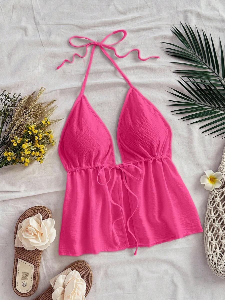 Soleia Women's Casual Halter Tie-Back Sleeveless Tank Top, Suitable For Summer - Watermelon Pink - View 1