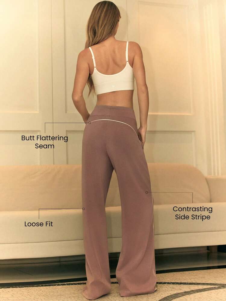 Calça de Moletom Confortável com Cordão na Cintura, Ajuste Relaxado, Contraste de Cores, Alongamento das Pernas, Bolsos Laterais, Uso Casual Diário no Outono e Inverno