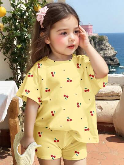 Yellow, Cute Retro Mini Heart & Cherry Print, Young Girl Casual Minimalist Short Sleeve Shorts 2-Piece Set, Suitable For Summer