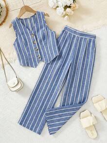 SHEIN Tween Girls' Casual Vacation Striped Vest And Wide Leg Pants 2 Pieces Set - Blue and White - View 7