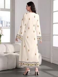 SHEIN Najma Đầm kiểu Ả Rập thanh lịch, cổ chữ V, tay loe, họa tiết hoa retro, thích hợp cho mùa xuân/thu. - Nhiều màu - Xem 2