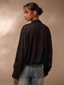 SHEIN PETITE Mesh See-Through Blouse, Vacation Style Women Shirt, Casual Blouse Top - Black - View 2