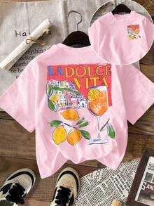 DrmWander Vacation,Spring,Resort Wear Women,Spring Summer Lemon Print Cute T-Shirts - Pink - View 3