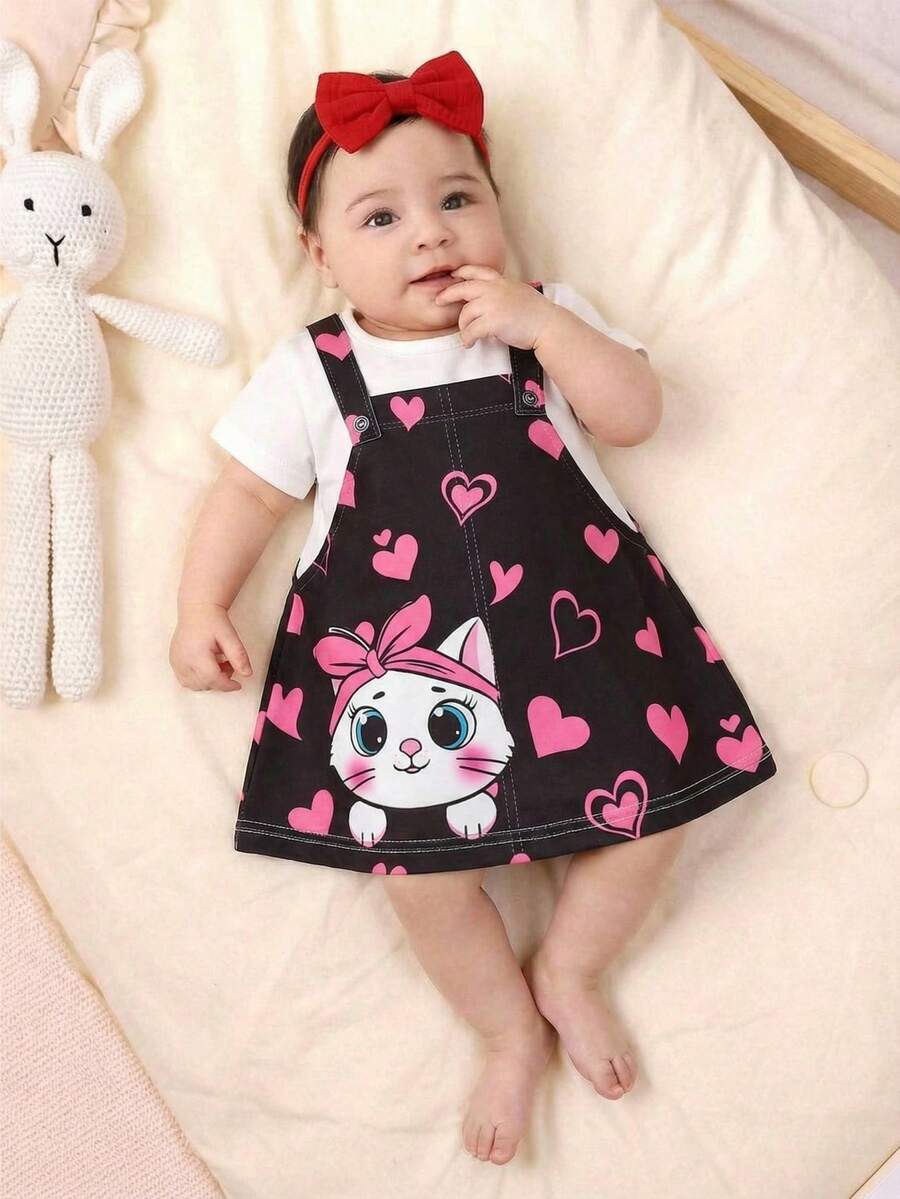 SHEIN 新生儿卡通猫咪爱心印花圆领短袖休闲连衣裙 - 黑與白 - 查看 1