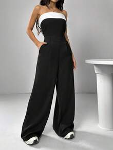 SHEIN EZwear Bộ jumpsuit ống rộng xếp ly phối đen trắng cổ điển dành cho nữ, thích hợp cho mùa xuân/hè. - Nhiều màu - Xem 6