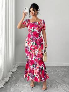 Elenzga 女士新款方领印花泡泡袖连衣裙，鱼尾下摆配荷叶边，设计优雅，适合日常休闲和度假穿着。 - 彩色 - 查看 4