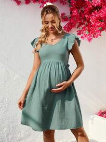 SHEIN Maternity Solid Color V-Neck Flutter Sleeve Tie Back Nursing Dress - Mint Green - View 3
