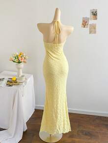 Soleia Vestido de punto y malla azul de vacaciones para mujer con escote halter romántico ajustado, decorado con hebilla metálica, adecuado para fiesta, Navidad, cita, discoteca, estilo bohemio, vacaciones, otoño - Amarillo - Ver 2