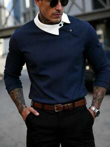 Manfinity Homme Men's Contrast Color Long Sleeve Casual Commuter Versatile Polo Shirt Navy Blue Knit Top, Formal, Ceremony - Navy Blue - View 4