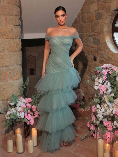 Glamrae Elegant Gray-Green Glossy Mesh Off Shoulder Dress With Handmade Pleated Front Dress, Exaggerated Asymmetrical Multi-Layer Flared Dress With Adjustable Tie Back, Suitable For Dates, Vacations, Singles Parties, Weddings, All Formal Occasions, Back To School Season, Women's Evening Gown