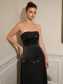 Poshira Women's Elegant Party Sequin Patchwork Pleated Hem Strapless Cocktail Dress - Black - View 5