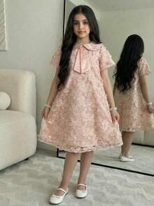 SHEIN 少女碎花印花装饰彼得潘领短袖连衣裙