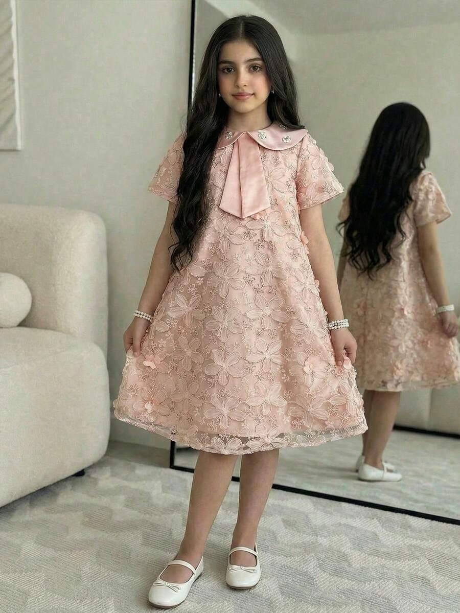 SHEIN 少女碎花印花装饰彼得潘领短袖连衣裙