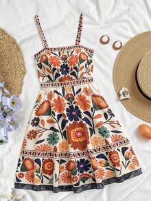 SHEIN 儿童夏季服装，柔软舒适的少女定位复古碎花休闲度假连衣裙，波西米亚风露背，褶皱无袖吊带常规版型短款印花连衣裙，撞色拼接，碎花，复古吊带短裙，春夏休闲日常无袖连衣裙，夏季连衣裙，吊带裙，碎花连衣裙，女士吊带裙，度假吊带裙 - 杏色 - 查看 1
