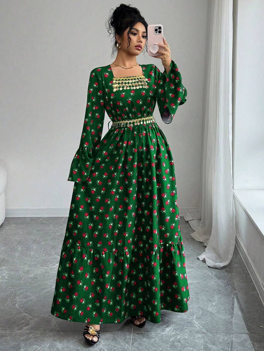 Yasmyna 女士方领荷叶边喇叭袖亮片流苏系腰优雅印花连衣裙 - 綠色 - 查看 1