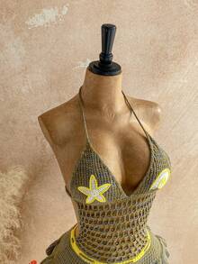 Soleia New Knitted Halter Neck Tie Strap Multi-Layer Ruffle Hem Mini Dress, Suitable For Party, Date, Valentine's Day, Easter, Carnival, Afternoon Tea, Beach, Cruise, City Vacation, Autumn/Winter Layering - Multicolor - View 6