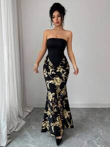 SHEIN Raffinéa 女士性感优雅无肩带连衣裙，饰有金属花卉图案和美人鱼裙摆 - 黑色 - 查看 6