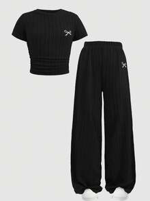 SHEIN 青少年女孩休閒簡約舒適圓領短袖側抓褶短版T恤與長褲套裝 - 黑色 - 查看 8
