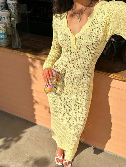 Selianne Spring/Summer Elegant Slim Fit Hollowed-Out Textured Flared Sleeves Yellow Wavy Trim Women's Maxi Beach Vacation Long Sweater Dress