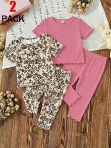 4件套女婴纯粉色圆领短袖上衣和碎花柔软针织裤舒适睡衣套装 - 彩色 - 查看 1