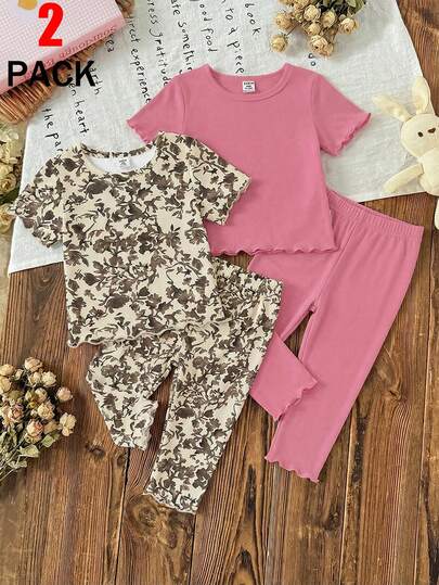 4件套女婴纯粉色圆领短袖上衣和碎花柔软针织裤舒适睡衣套装