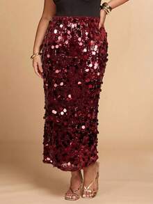 SHEIN BAE Falda con abertura y bajo con lentejuelas de unicolor para mujer de talla grande, de moda para fiestas - Burdeos - Ver 7