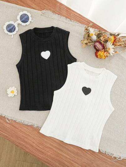 Emery Rose Kids Young Girl Heart Embroidery Ribbed Casual Round Neck Tank Top