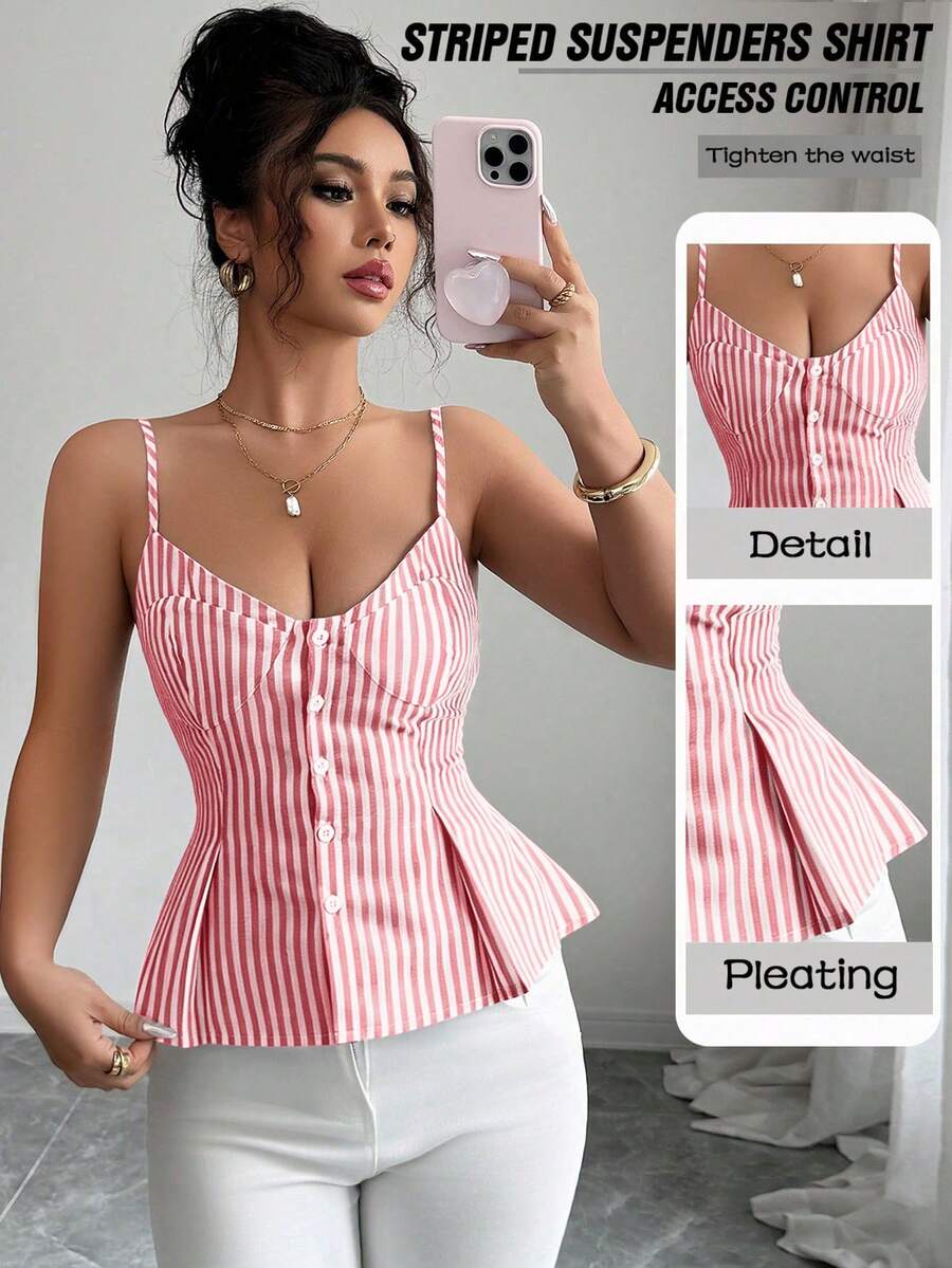 Elenzga Women's Cotton Striped Buttoned Pleated Elastic Camisole, Bohemian Style For Spring/Summer Vacation - Red - View 1