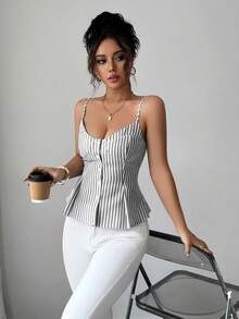 Elenzga Camiseta de algodón con rayas, botones y pliegues elásticos, estilo bohemio para vacaciones de primavera/verano - Negro - Ver 3