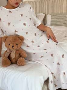 Napfluff CURVE Napfluff CURVE Áo ngủ nữ dáng lửng in hình gấu dễ thương, viền bèo nhún. - Màu be - Xem 1