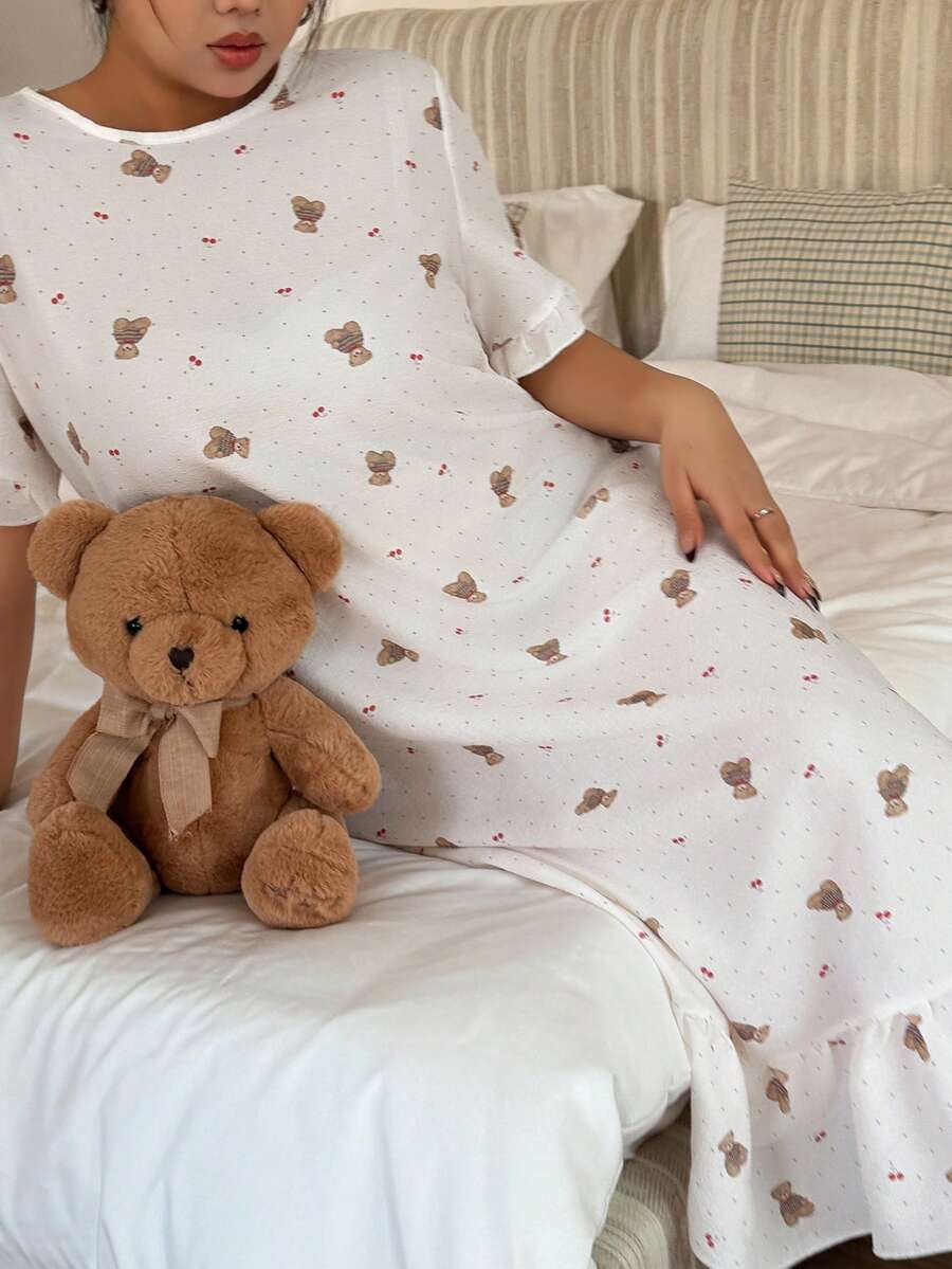 Napfluff CURVE Napfluff CURVE Áo ngủ nữ dáng lửng in hình gấu dễ thương, viền bèo nhún. - Màu be - Xem 1