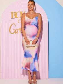 Loomaby 孕妇垂褶领扎染印花鱼尾下摆修身优雅吊带连衣裙 - 彩色 - 查看 10