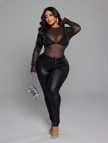 SHEIN Tall CURVE 大码纯色透视性感高领长袖女式衬衫 - 黑色 - 查看 6