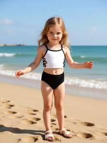 1件套少女黑白弹力速干舒适针织泳衣，镂空花卉设计，适合海滩、泳池、海边、冲浪、度假、夏季穿着。高腰泳衣套装，黑白泳装，黑白两件式泳衣比基尼套装，高腰黑色女童泳衣，两件式泳衣，女童高腰泳衣，夏季两件式泳衣套装，青少年泳衣。 - 黑與白 - 查看 3