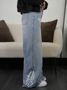 SAYEHFBABY 女式印花口袋休闲阔腿牛仔裤 - 藍色 - 查看 3