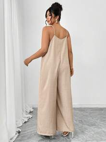EMERY ROSE Mono de pierna recta con decoración de volantes en el busto, de tela similar al lino, para talla grande. Uso casual para salir, ir al trabajo, citas, fiestas, vacaciones - Albaricoque - Ver 2