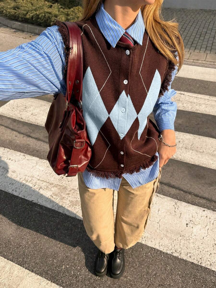 MainGRL Chaleco de punto a cuadros de diamante para mujer, primavera - Multicolor - Ver 1