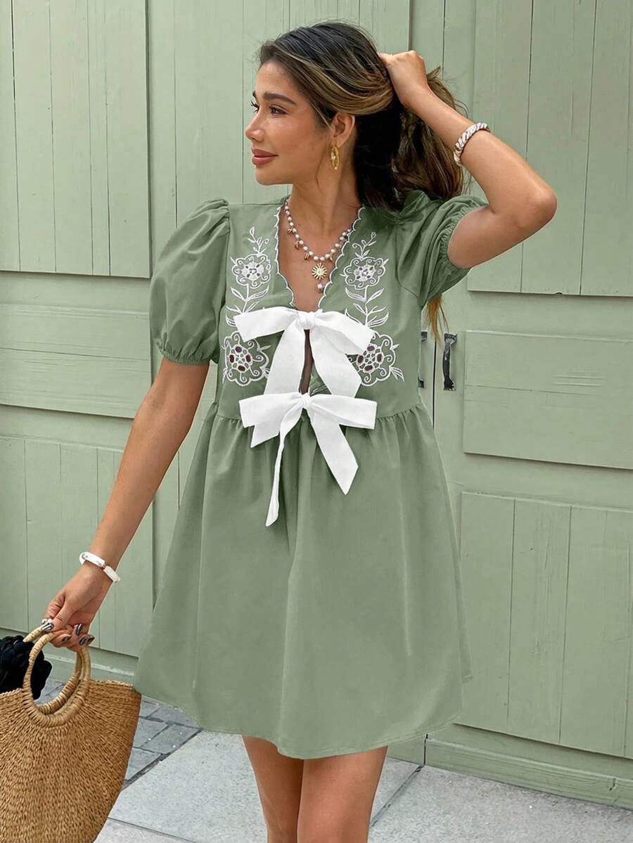 Serisse Women's Casual Vacation Floral Embroidery Tie-Up Short Dress - Mint Green - View 1