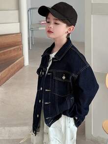 DAZY 青少年男童休闲时尚街头通勤翻盖口袋撞色缝线落肩宽松牛仔夹克，春秋季 - 藍色 - 查看 4