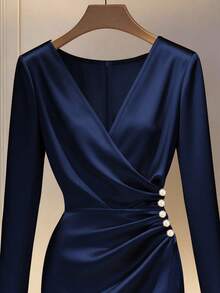 SHEIN Franclia Đầm nữ thanh lịch xẻ tà, thắt eo - Màu xanh hải quân - Xem 3