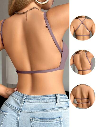 SHEIN 1pc Casual Minimalist Solid Color Deep V-Neck Thin Strap Backless Women Bra Wedding Bra For Backless Top Open Back Top Criss Cross Bra Bra Straps Push Up Bralette Women